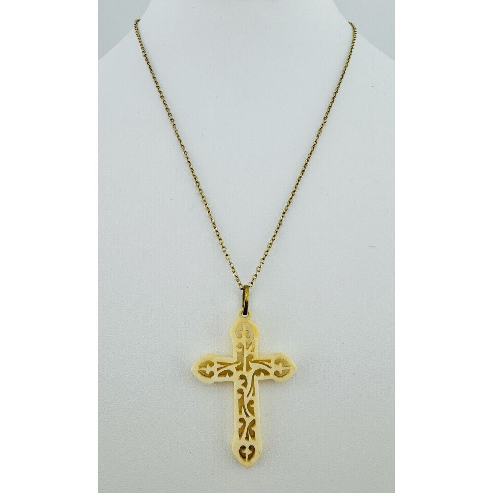 Vintage Bone Cross Open Work Pendant Necklace 18in Gold Tone Chain Religious